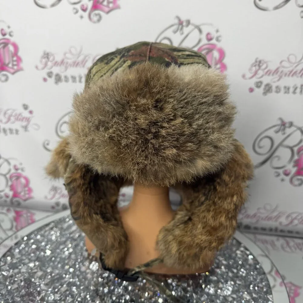 Toque hat trapper camo fur real rabbit Camouflage Fur-Lined Hat embroidered